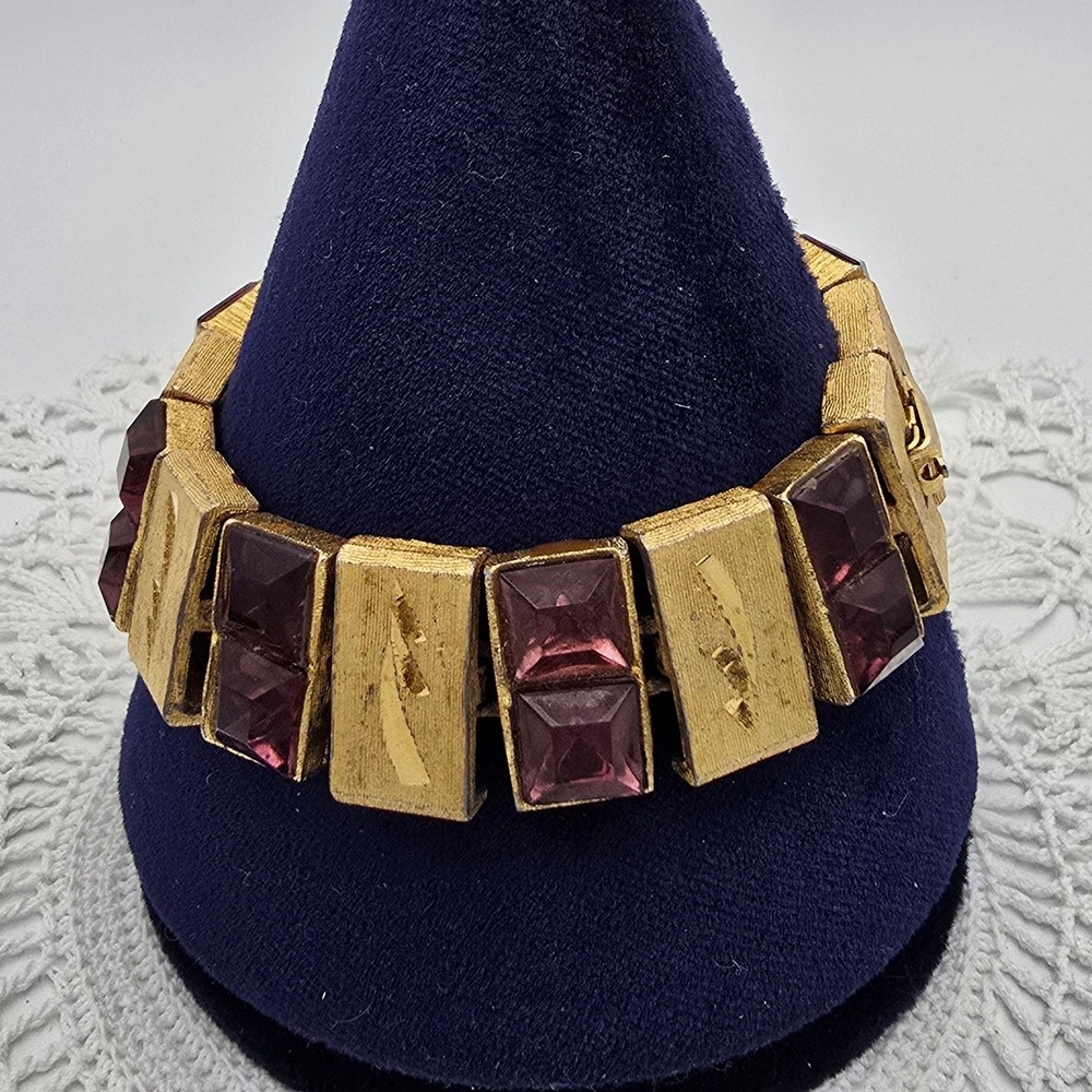Vintage Gold Tone Textured Link Bracelet Purple Glass Stones Mid Century Modern